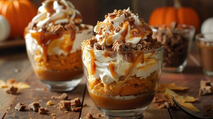 dessert in a clear glass, with layers of what appears to be pumpkin pie, whipped cream, caramel sauce, and crumbled graham crackers