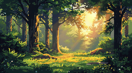 2d pixel art of forest , sunrise in forest, game art, 16 bits, 32 bits