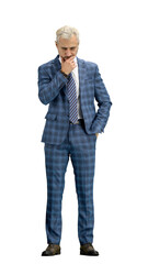 A man, full-length, on a white background, thinks
