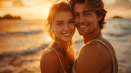 Close up of a smiling beautiful young couple embracing while standing at the beach
