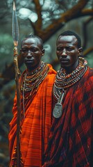 Obraz premium maasai and samburu warriors in kenya’s semiarid fields, showcasing traditional attire and intricate jewelry with vibrant colors and natural light on a rocky plan