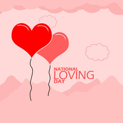 National Loving Day event banner. Two heart-shaped balloons fly into the sky above the mountains to celebrate on June 12th