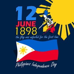 Philippines Independence Day event banner.  Philippines flag flying with bold text on dark blue background to celebrate on June 12th