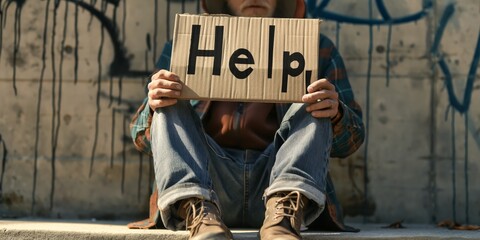 A person's lower face and folded knees visible as they hold a Help sign, suggesting hardship or homelessness