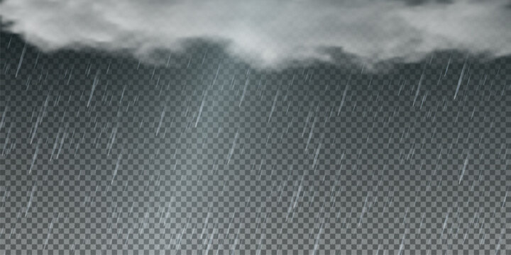 Raindrops on transparent background. 
Storm with rain and white cloud isolated on transparent background. Downpour, hail rainy weather. png