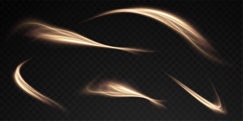 Vector png background with gold glowing lines. Gold glowing lines of speed. Light glow effect. Light trail wave, fire trail line and glow curve swirl.
