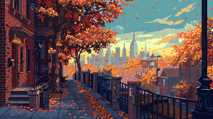 2d pixel art of city at autumn season, cityscape, game art, 16 bits, 32 bits