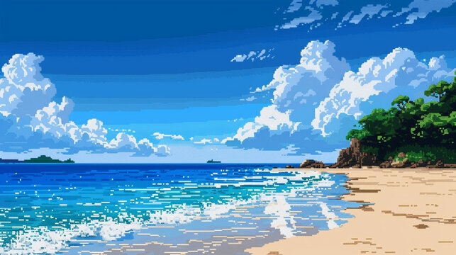 2d pixel art of beach with blue sky, game art, 16 bits, 32 bits