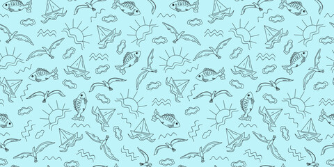 Obraz premium Pattern Summer beach sea set. Holidays on the sea, ocean. Fish, ship, seagulls, sun. Summer holidays. Linear hand drawn icons. Seamless background.