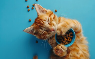 Orange Cat Cuddling Food Bowl on a Blue Background - Powered by Adobe