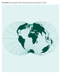 World Map. Rectangular (War Office) polyconic projection. Solid style. High detail world map for infographics, education, reports, presentations. Vector illustration.