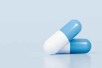 3d Vitamin capsule icon isolated on blue background. Emergency, Safety, Hospital doctor equipment medic health care concept. 3d minimal White and red capsules icon for web, Pills. Health. 3d render.