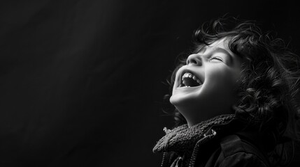 Creative high contrast black and white image of a child laughing, captured in a joyful moment