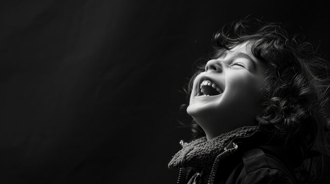 Creative high contrast black and white image of a child laughing, captured in a joyful moment