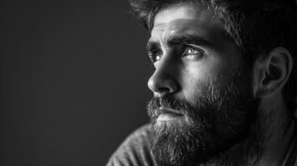 Black and white portrait of a man with a beard, moody and lost in thought