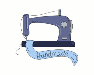 Sewing machine. Sewing, handmade, hobby sign. Working tool for needlework. Drawing, doodle, hand lettering. Vector illustration, white isolated background.