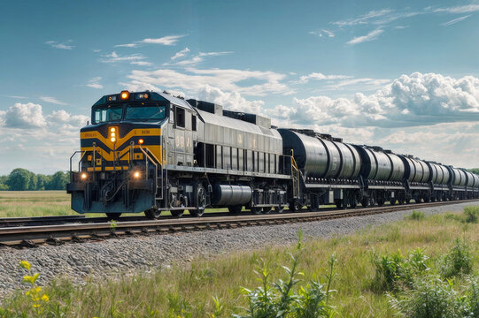 View of a freight train carrying black oil tanks passing through beautiful countryside on a clear summer day with blue skies