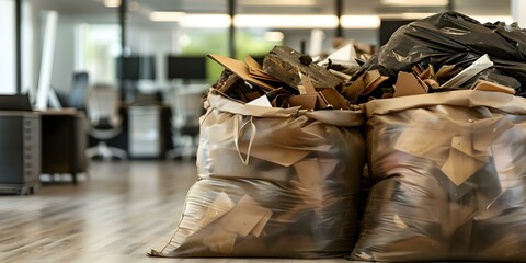 Bags filled with debris from office renovation. Concept Cleanup, Renovation Waste, Office Debris, Recycling, Dumpsters