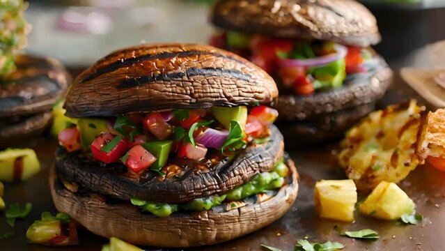 These grilled portobello mushroom burgers are sure to impress topped with a refreshing pineapple salsa and a dollop of creamy avocado sauce.