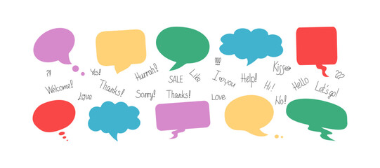 Phrases conversation in bubbles. Online chat clouds with various words, comments, information forms. Suitable for illustrating reactions. Vector illustration, doodle drawings with text.