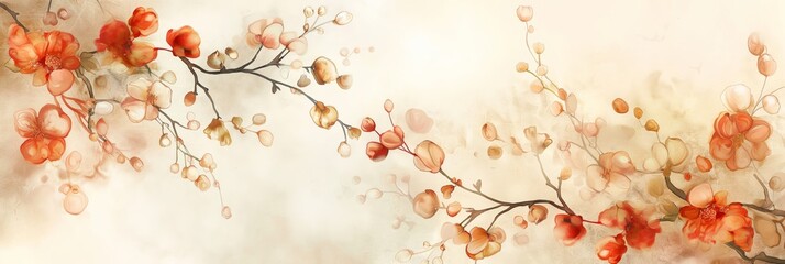 Soft watercolor illustration of delicate flowers and branches on an off-white background, evoking a serene, artistic atmosphere
