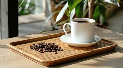 Coffee beans white mug and saucer placed on a bamboo tray