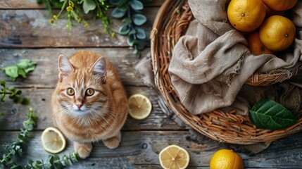 Cat Sitting Next to a Basket of Lemons