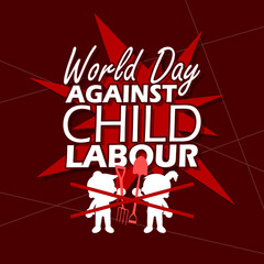 World Day Against Child Labour campaign banner. Illustration of two children holding work tools marked with a cross on dark red background to commemorate June 12