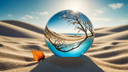 beautiful glass ball, tree, desert sand sunny