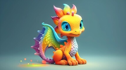 Painted fire-breathing dragon from a fairy tale. Multicolored baby dragon on green background. Dragon in studio. Dragon