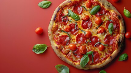 Delicious Pizza With Tomatoes and Basil on Red Surface
