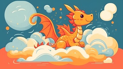 Fototapeta premium A cute dragon on a cloud. Beautiful colored dragon. Cute clouds.