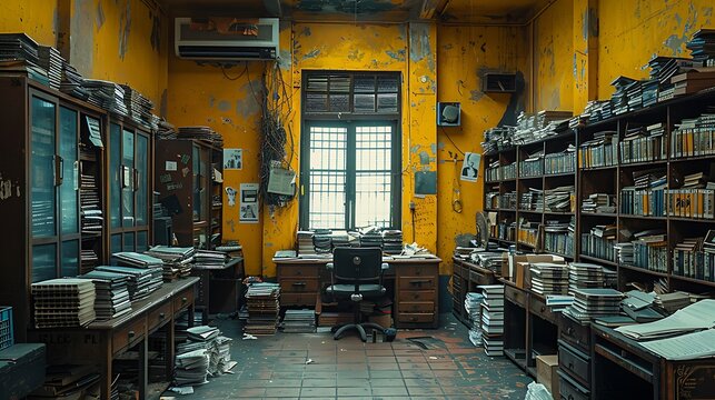 Image of a cluttered Indian government office with metal filing cabinets stacks of old files on shelves and desks covered in papers and office supplies all in a dull yellow room