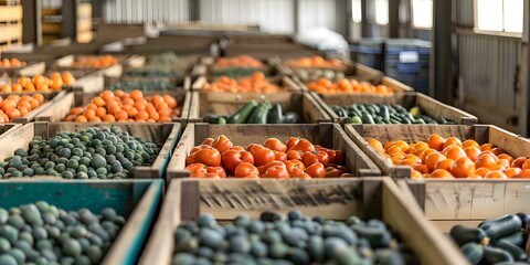 Obraz premium Organic fruits and vegetables freshly harvested and stored in wooden crates in warehouse. Concept Fresh Produce, Harvested Fruits, Organic Vegetables, Wooden Crates, Warehouse Storage