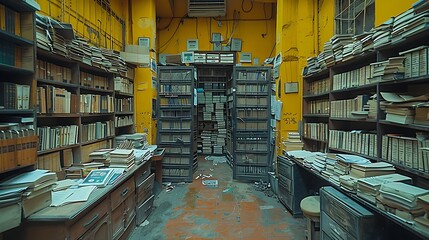 Image of a slightly disorganized Indian office with dusty shelves filled with files metal cabinets and desks cluttered with papers all in a room with yellow walls