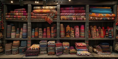 Vibrant Handwoven Textiles at Rustic Market Stall, generative ai