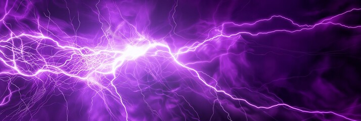 Intense and bright purple lightning bolts crackle across a dark sky in this electrifying image