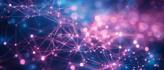 Glowing quantum bit nodes connected by beams of light against digital background, blue and purple tones, grid silhouette overlay, copy space.