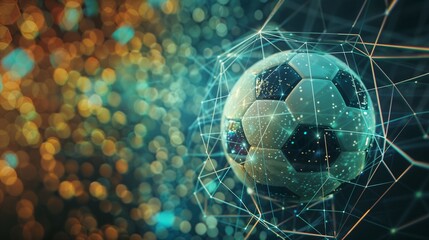 Fototapeta premium Soccer Ball with Digital Network and Bokeh Effects, Abstract, Blue and Gold, Sports Innovation