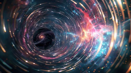 Obraz premium 360° space view with light beams, dark matter, infinite spiral effect, black hole of dust particles. Psychedelic sky rays, being lost but happy adds surrealism. Generative AI