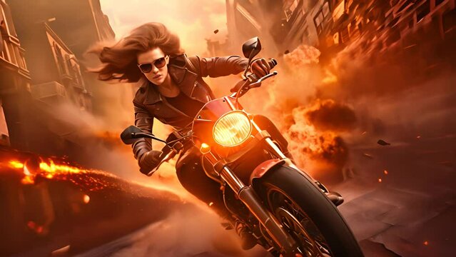 Action shot with woman on the bike riding away from fire and explosion. Dynamic scene in action movie blockbuster style