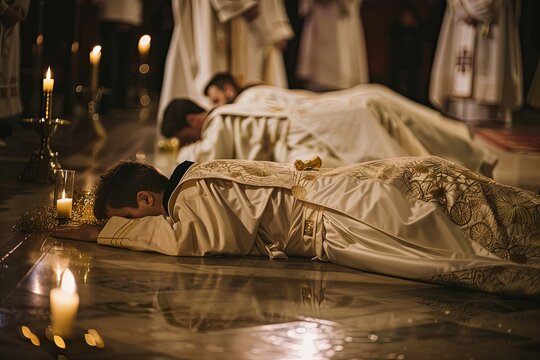 Catholic priests lying face down during the ordination ceremony.