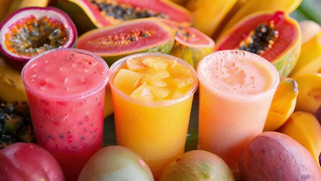 An assortment of tropical fruits such as papaya passion fruit and guava are used in refreshing fruit juices and smoothies.