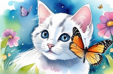 Fototapeta premium kitten in the middle of field flowers, butterfly is flying nearby.