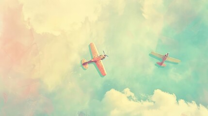 Fototapeta premium Two vintage airplanes soaring in the pastel sky, surrounded by fluffy clouds, capturing a nostalgic and serene moment in flight.
