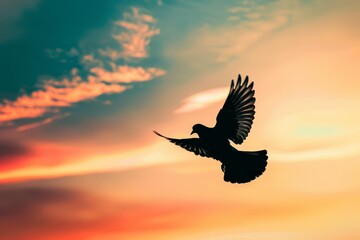 A soaring dove in silhouette, capturing Memorial Day peace in a minimalist concept close up, symbolic tribute, dynamic, blend mode against a vast sky backdrop