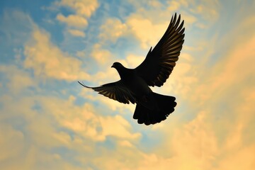 A soaring dove in silhouette, capturing Memorial Day peace in a minimalist concept close up, symbolic tribute, dynamic, blend mode against a vast sky backdrop