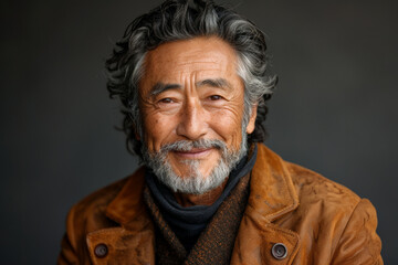 Asian 60-70 years old man in brown jacket with beard against dark gray background with copy space