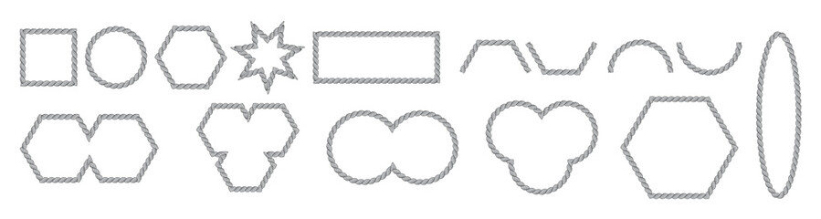 Vector rope frames border set with editable stroke. Borders of different geometric shapes. Isolated on transparent background.