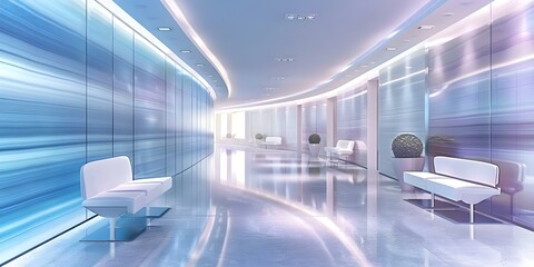 Modern empty hospital corridor with waiting room in medical office interior. Concept Hospital Interior Design, Waiting Room Decor, Medical Office Layout, Corridor Design, Modern Healthcare Facility
